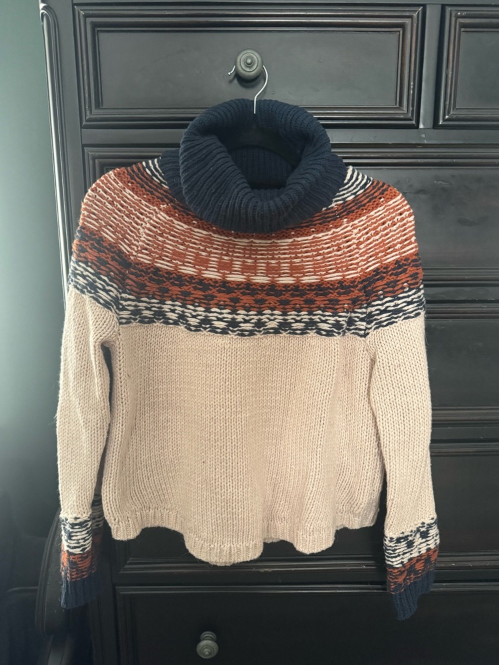Madewell Cream Sweater with Navy Turtleneck & Rust Fair Isle Yoke